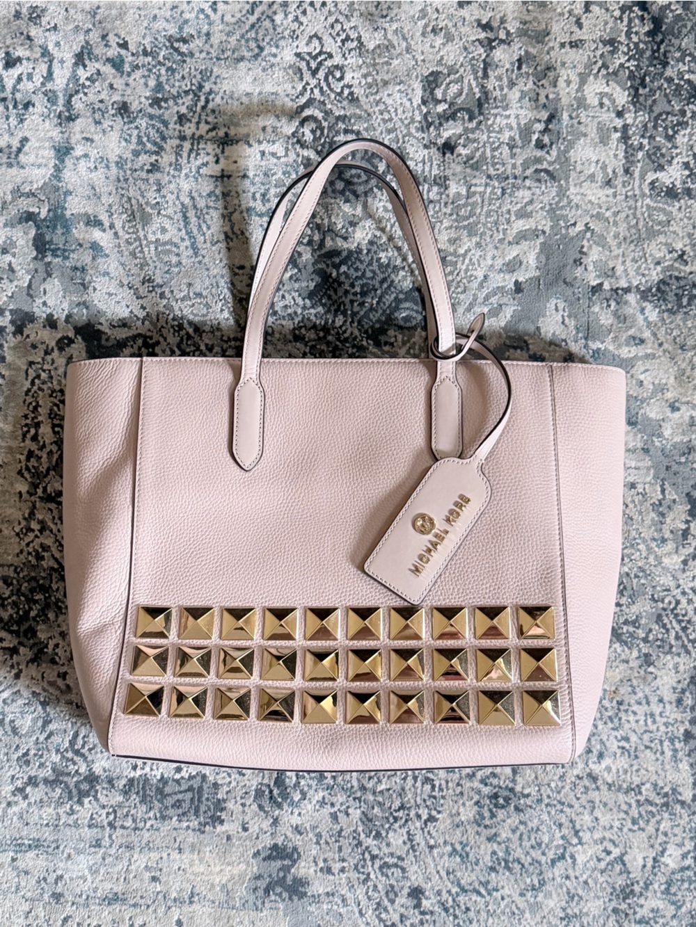 Michael Kors Sinclair Pink Leather Grab Tote Soft Ponk with Gold Pyramid Studs